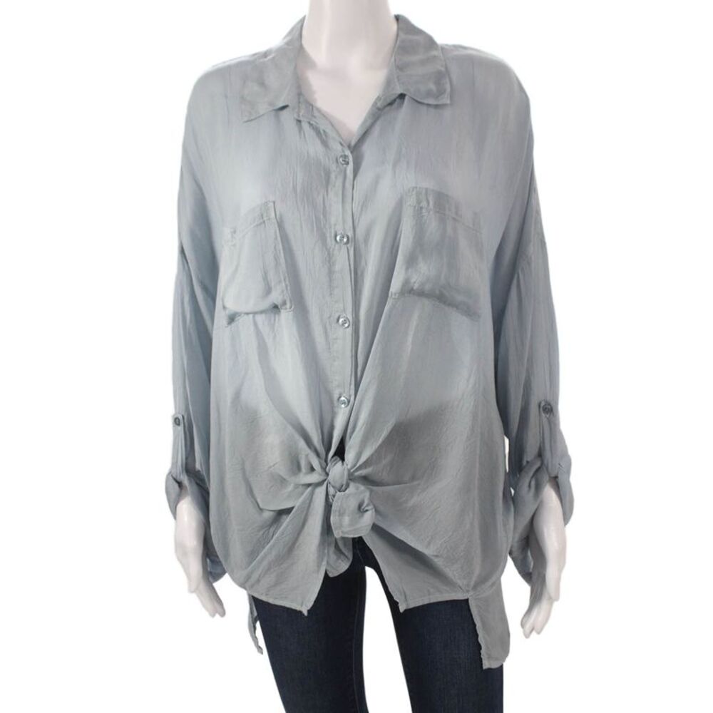 Maven Women Blue Collared Long Sleeve Button-Up Cupro Basic Top Size L